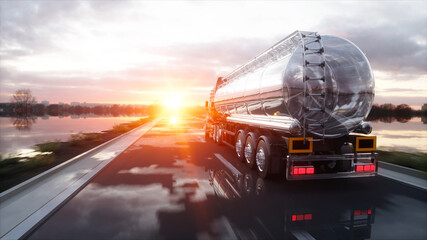 Gasoline tanker, Oil trailer, truck on highway. Very fast driving. 3d rendering. © 3D motion