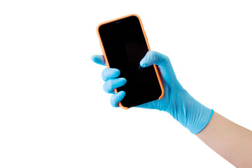 Doctor's hand in medical gloves holding phone isolated on white
