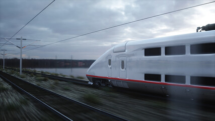 Fototapeta na wymiar Electric passenger train. Very fast driving. journey and travel concept. 3d rendering.