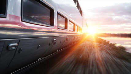 Electric passenger train. Very fast driving. journey and travel concept. 3d rendering.