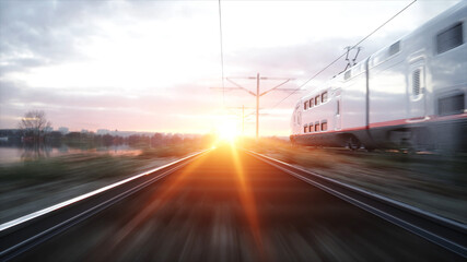 Naklejka na ściany i meble Electric passenger train. Very fast driving. journey and travel concept. 3d rendering.