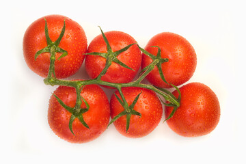 Top view of six fresh tomatoes isolated on white background