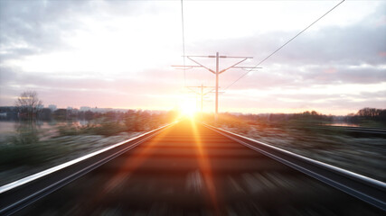 Camera moves along railway. Wonderful sunset. 3d rendering.