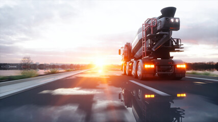 Concrete mixer truck on highway. Very fast driving. Building and transport concept. 3d rendering. © 3D motion