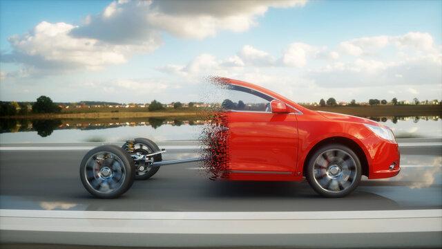 Red car chassis with engine on highway. Transition with particles. Very fast driving. Auto concept. 3d rendering.
