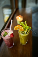 Refreshing cocktails and smoothies. Summer mood. Cocktail close-up with fresh fruits and berries.