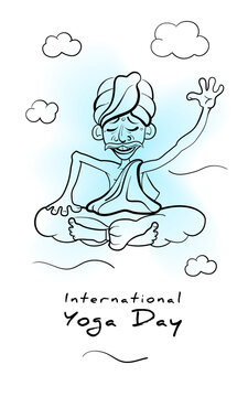 A funny Yogi sits in the Lotus position and greets with his hand. Design for the decoration of the celebration of the international Day of Yoga. Vector image, isolated.