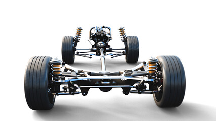 Obraz na płótnie Canvas Car chassis with engine on white isolate. 3d rendering.