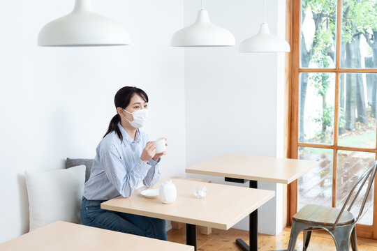 マスクをしながらお茶を飲んでいる女性