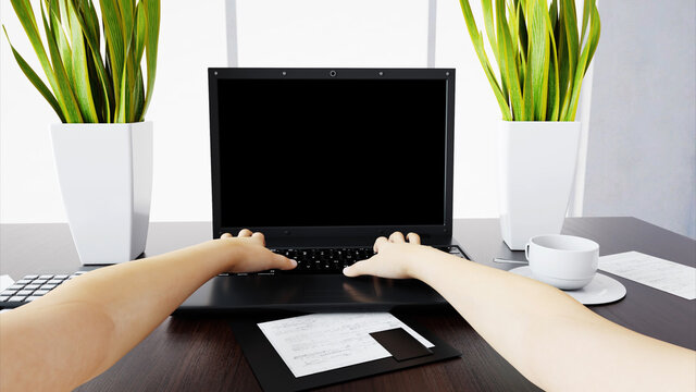 hands on keyboard. Workspace. Office work concept, 3d rendering.