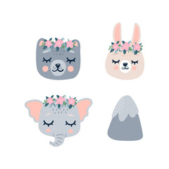 Cute animals heads with closed eyes. Cute cartoon funny character and mountain. Pet baby print. Scandinavian style.