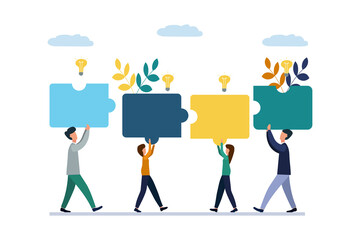Business concept. Team metaphor. people connecting puzzle elements. Vector illustration flat design style. Symbol of teamwork, cooperation, partnership, new ideas, new victories