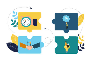 Business concept. Team metaphor. People in the elements of the puzzle. Vector illustration. Flat style. A symbol of teamwork, cooperation, partnership, new ideas, new victories