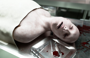 cadaver, dead male body in morgue on steel table. Corpse. Autopsy concept. 3d rendering.