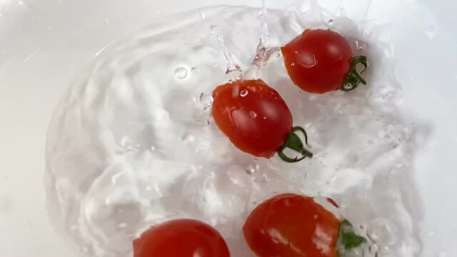 Tomatos Falling Down In Plate Slowly, Cooking Fresh Salas With Vegetables, Top View, Super Slow Motion