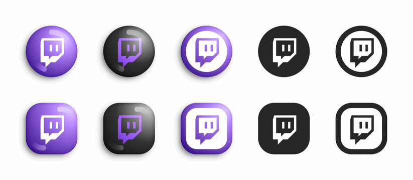 Twitch Vector Icons Set In Modern 3D And Black Flat Style Isolated On White Background. Popular Online Video Streaming Service App And Website Twitch Logo In Different Styles