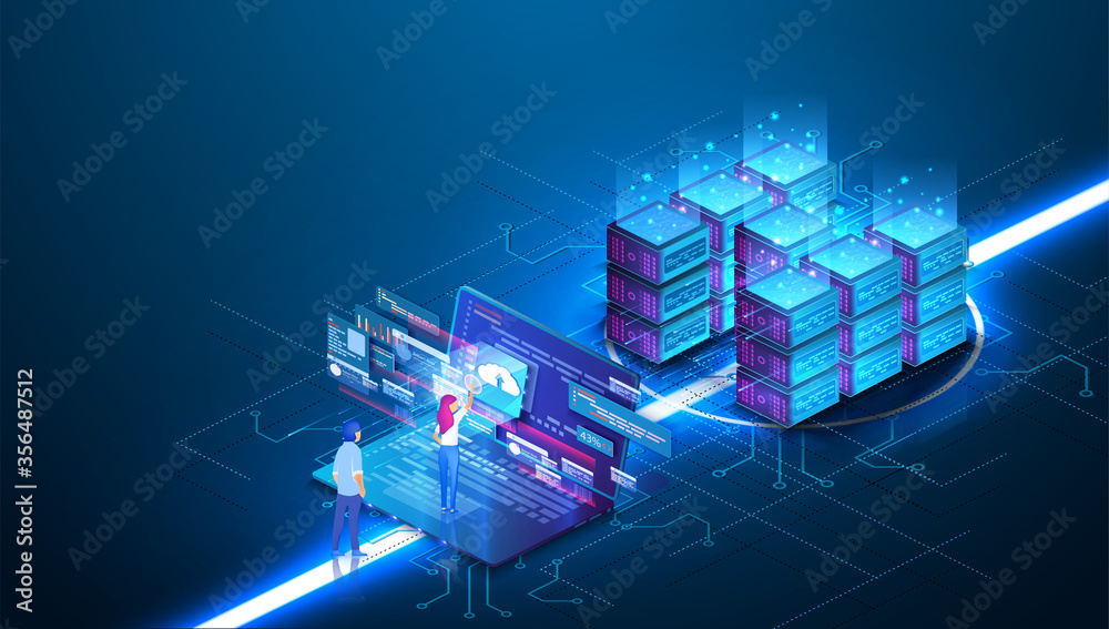 Poster Web hosting concept. Isometric design concept on cloud computing theme. Mock-up for website and mobile website. Computer Network, Global internet Communication Concept. Vector illustration
