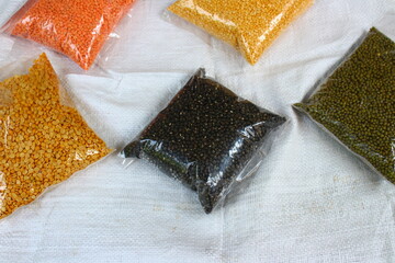 Colorful lentils in packets