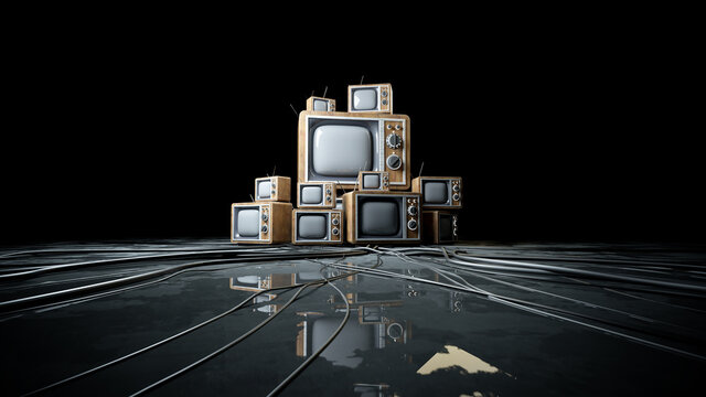 Heaps Of Retro, Antique Tv In Dark Room. 3d Rendering.