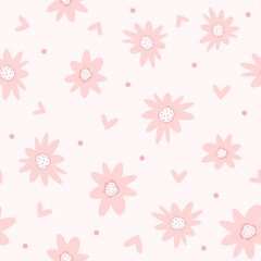Seamless pattern with scattered flowers, hearts and dots. Cute girly print. Vector illustration.
