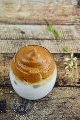 Iced Dalgona Coffee. Trend Korean Drink Creamy Whipped Iced Coffee