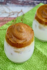 dalgona coffee, fluffy creamy whipped coffee, selective focus