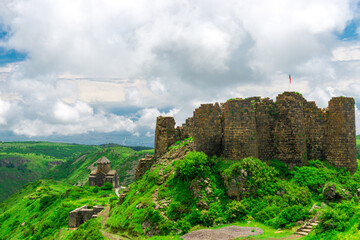 The ruins of Amberd Fortress and the Orthodox Church in the mountains of Armenia