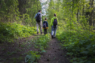 Fototapeta premium Young father with two children with backpacks and sticks walk along forest path in summer. Family weekend outdoors in woods, camping. Hiking with kids, healthy lifestyle. Social distancing together