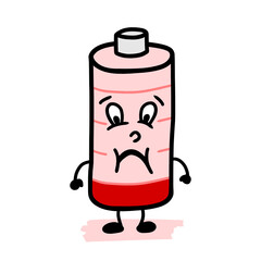 Sad low discharged AA battery cell character mascot, almost dead, out of energy. Cartoon illustration hand drawn on white background. Isolated vector drawing.