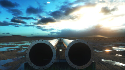 Pipeline transportation oil, natural gas or water in metal pipe. Oil concept. 3d rendering.