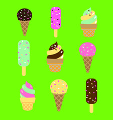 Set ice cream isolated on green background