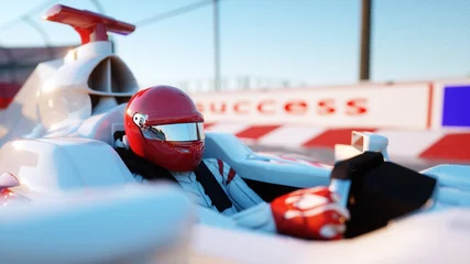 Schilderijen op glas Racer of formula 1 in a racing car. Race and motivation concept. Wonderfull sunset. 3d rendering. © 3D motion