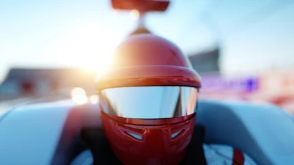 Foto op Plexiglas Racer van formule 1 in een racewagen. Race en motivatie concept. Prachtige zonsondergang. 3D-rendering. © 3D motion
