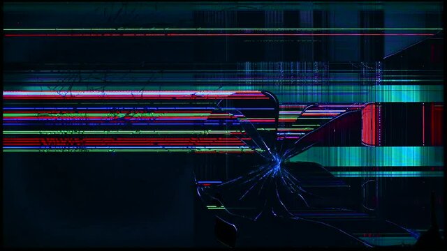 Broken shattered TV or phone screen with glitch and highlighted cracks