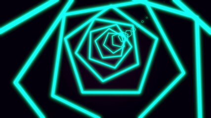 computer generated abstract neon pentagon tunnel consisting of moving colorful lines in green color on black background, 3D rendering 4k video.
