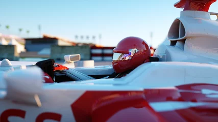 Gordijnen Racer of formula 1 in a racing car. Race and motivation concept. Wonderfull sunset. 3d rendering. © 3D motion