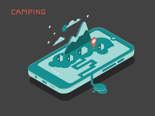  Camp map on phone. Isometric illustration in blue
