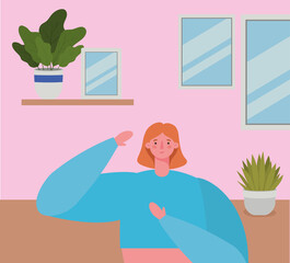 Woman cartoon with plants pots and frames design of Stay at home theme Vector illustration