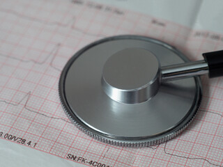 Black stethoscope for doctor diagnostic heart disease with cardiogram, medical tool