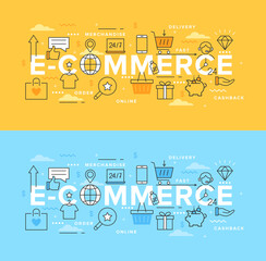 Vector illustration of e-commerce, online shopping and retail with icons and text for app, web, graphic design, banner, background, websites, infographics, advertisement. Internet shops and discounts