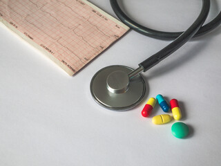 Black stethoscope for doctor diagnostic heart disease with cardiogram, medical tool