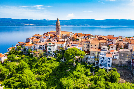 Beautiful town Vrbnik, Krk island, Croatia, aerial view