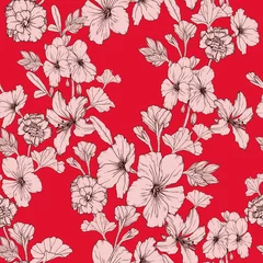 Foto op Canvas Floral seamless pattern with beige petunias and other flowers on red background © lesia_a