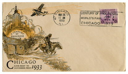 Chicago, Illinois, The USA  - 25 MAY 1933: US historical envelope: cover with art cachet A Century of Progress,  purple postage stamp three cents, federal building, cancellation world's fair
