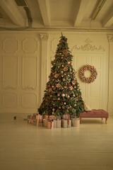 Gifts under the Christmas tree. Christmas tree. Gifts in a box.