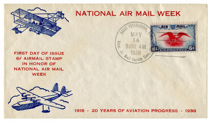 St. Petersburg, Florida, The USA  - 14 May 1938: US historical envelope: cover with cachet National Air mail week, old airplane and aircraft, blue-red postage stamp, six cents, first day of issue
