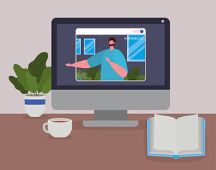 Man avatar on computer in video chat design, Call online conference and webcam theme Vector illustration