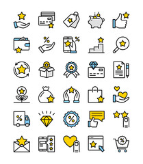 Loyalty program. Vector set of loyalty program line icons for website, web, app, graphic design. Marketing concept. Discount coupon,lottery prizes, gifts, rewards for customers. Shopping bonus system 
