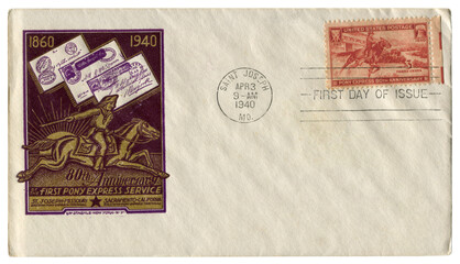 Saint Joseph, Missouri, The USA  - 3 April 1940: US historical envelope: cover with cachet 80th Anniversary of the fist Pony Express service, postage stamp 1860-1940, three cents, first day of issue
