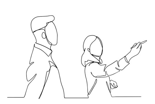 Office businessmen man flat woman vector characters for presentation stand board whiteboard. Young confident businessman and woman near standing display board, pointing with hands line vector.